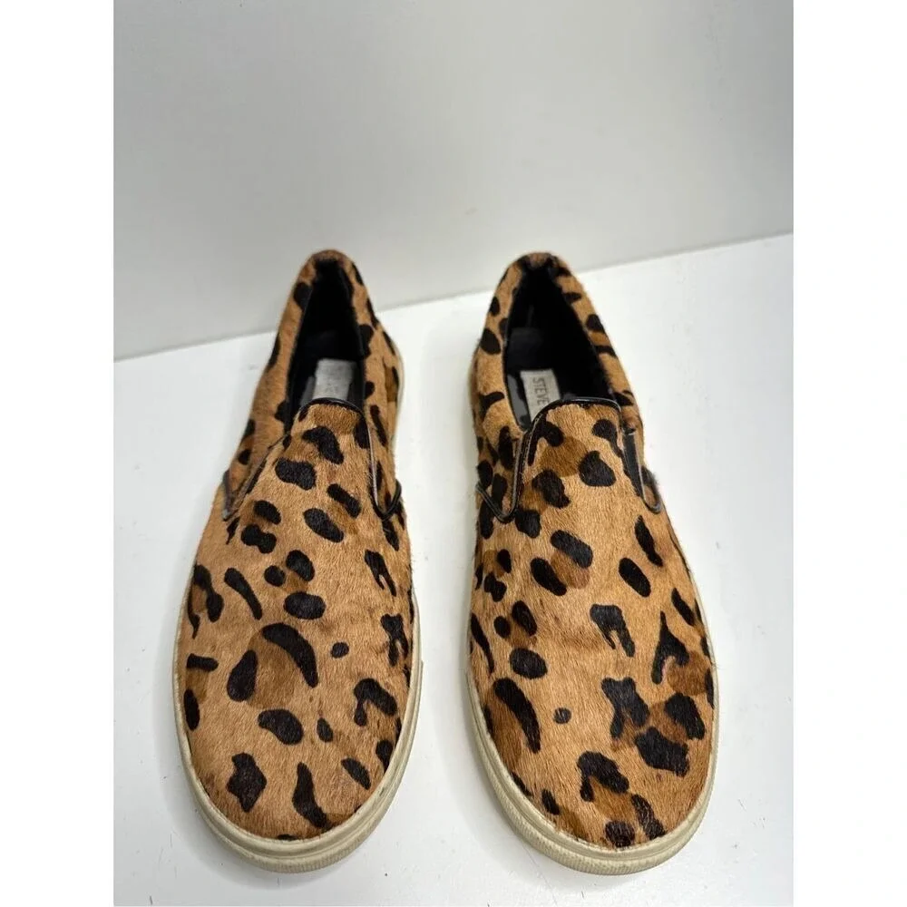 Steve Madden Ecentric Leopard‎ Calf Hair Slip On Sneakers Tan Black Womens 7